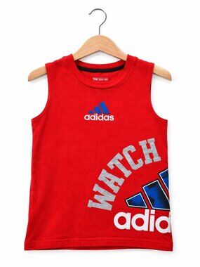 Adidas Boys Size 5 Red Sleeveless Graphic Tank Top “Watch Me Win” Athletic Shirt
